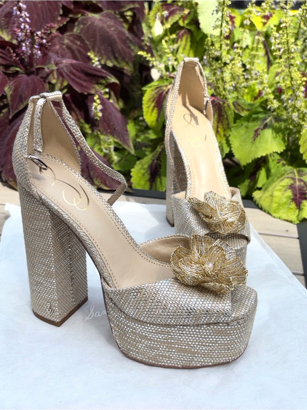 Sam Edelman Gold Sparkle Platform Block Heels with Floral Appliqué